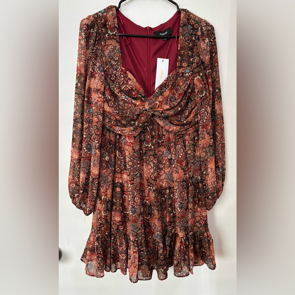 Aakaa Terry Tiered Twist Front Long Sleeve Mini Dress Size Small
